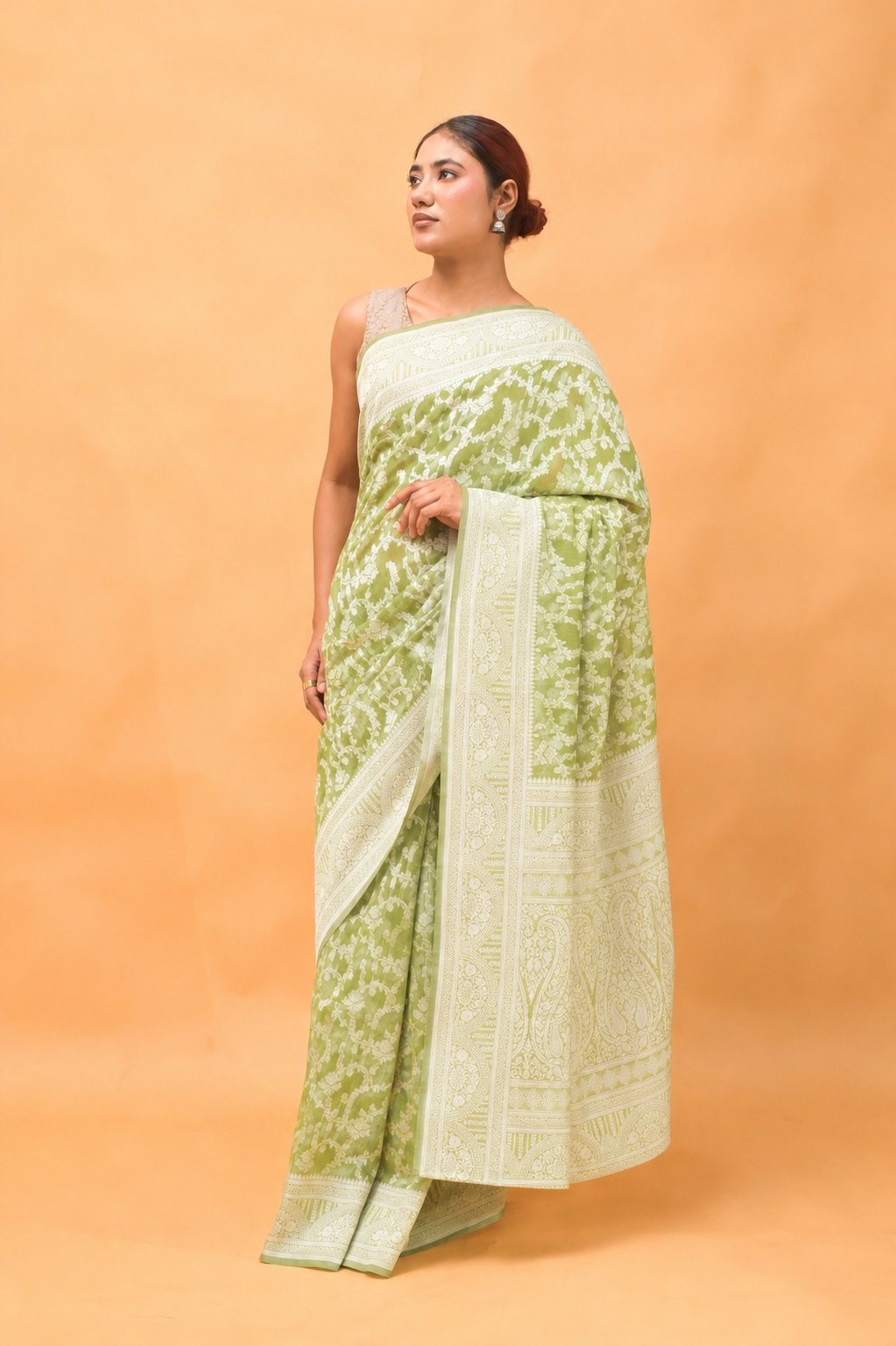 Leaf Jaal Olive Green Pure Cotton Saree With Strip Blouse